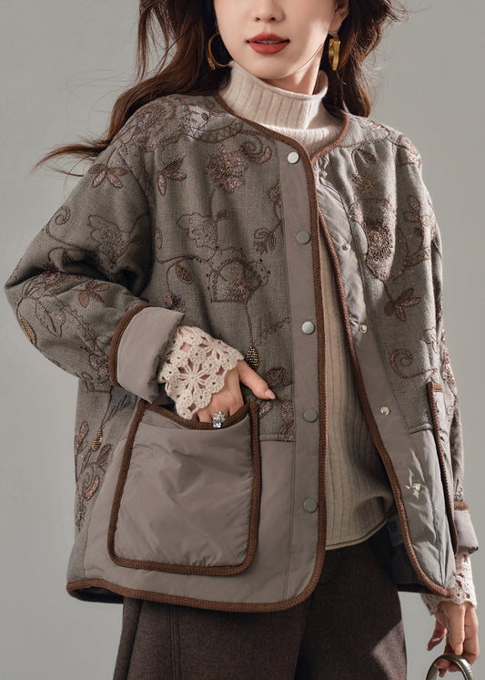 Fine Brown Embroidered Patchwork Pockets Fine Cotton Filled Jackets Winter