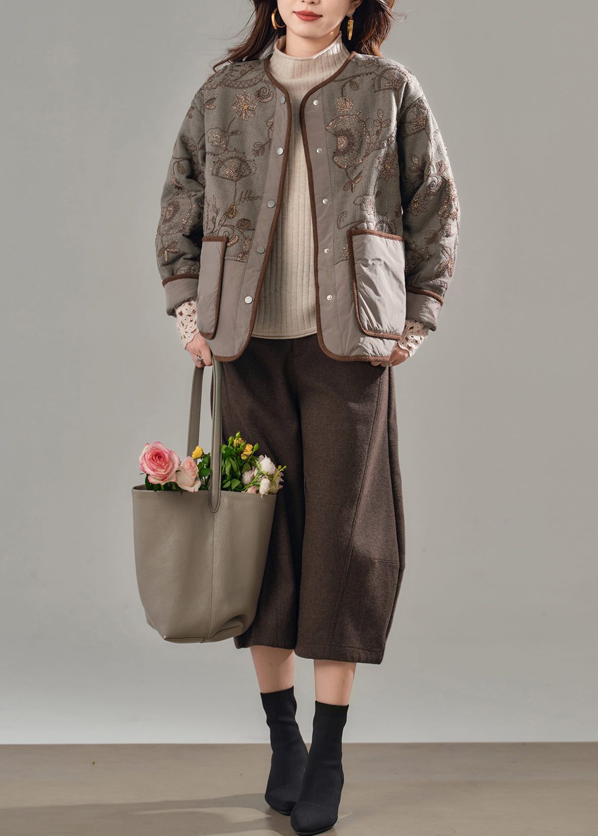 Fine Brown Embroidered Patchwork Pockets Fine Cotton Filled Jackets Winter