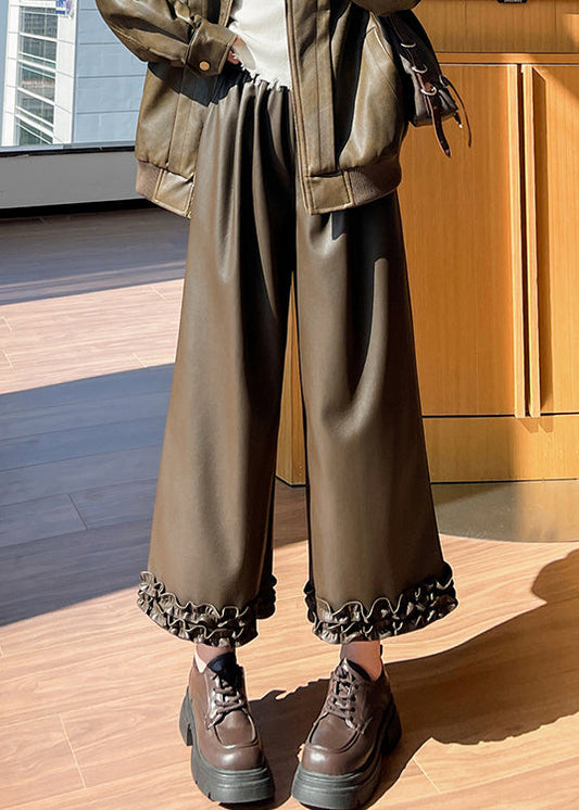 Fine Coffee Ruffled Pockets Elastic Waist Faux Leather Crop Pants Winter