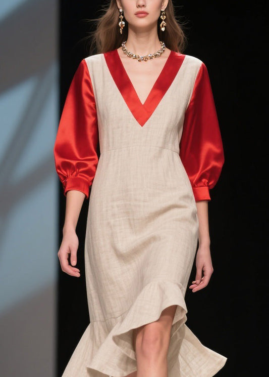 Fine Colorblock Ruffled Patchwork Linen Silk Dress Summer