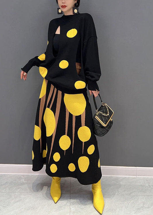 Feines Colorblock Rollkragen-Print Strick-Zweiteiler-Set Frühling