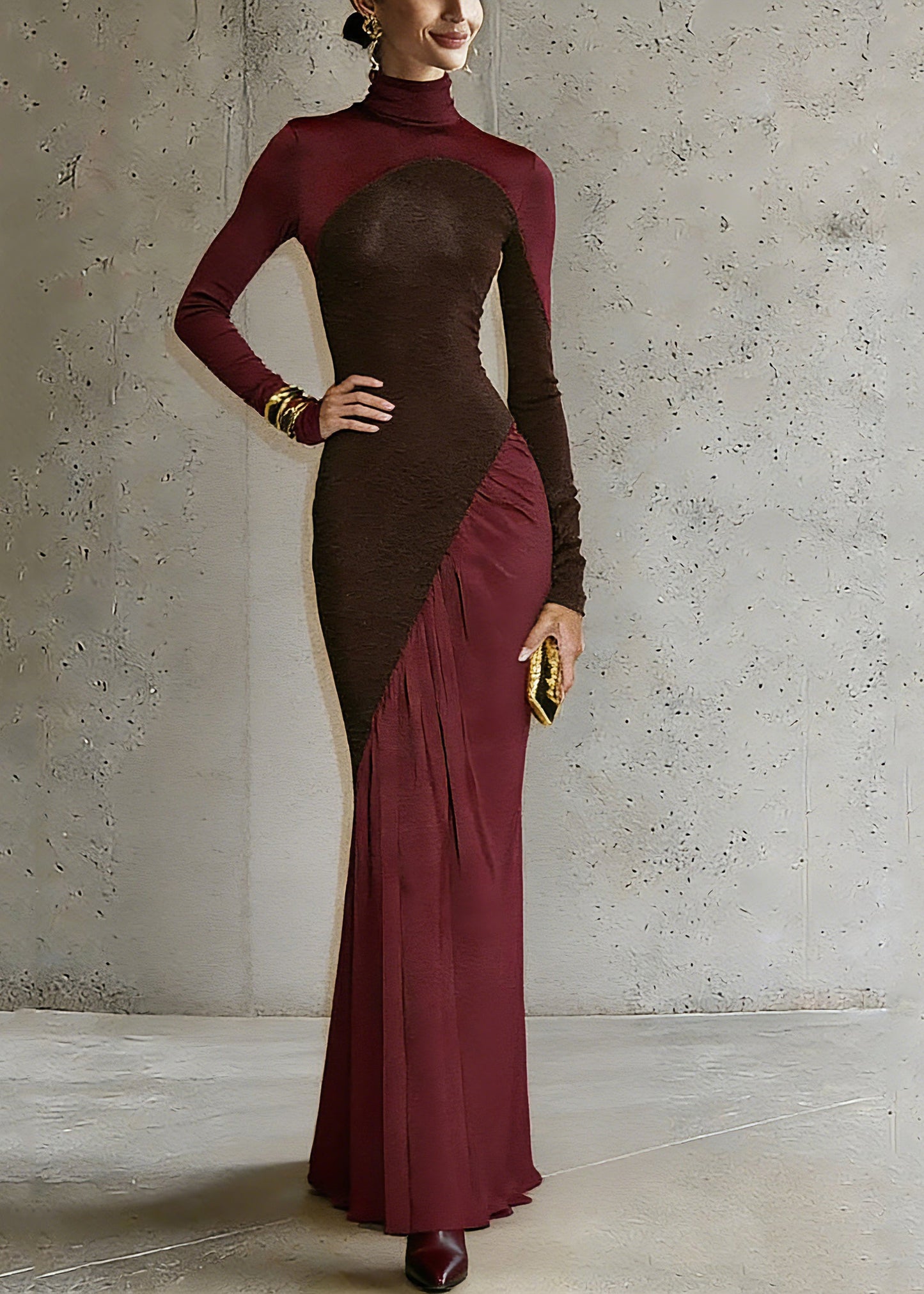 Fine Colorblock Turtleneck Wrinkled Robe Dresses Spring