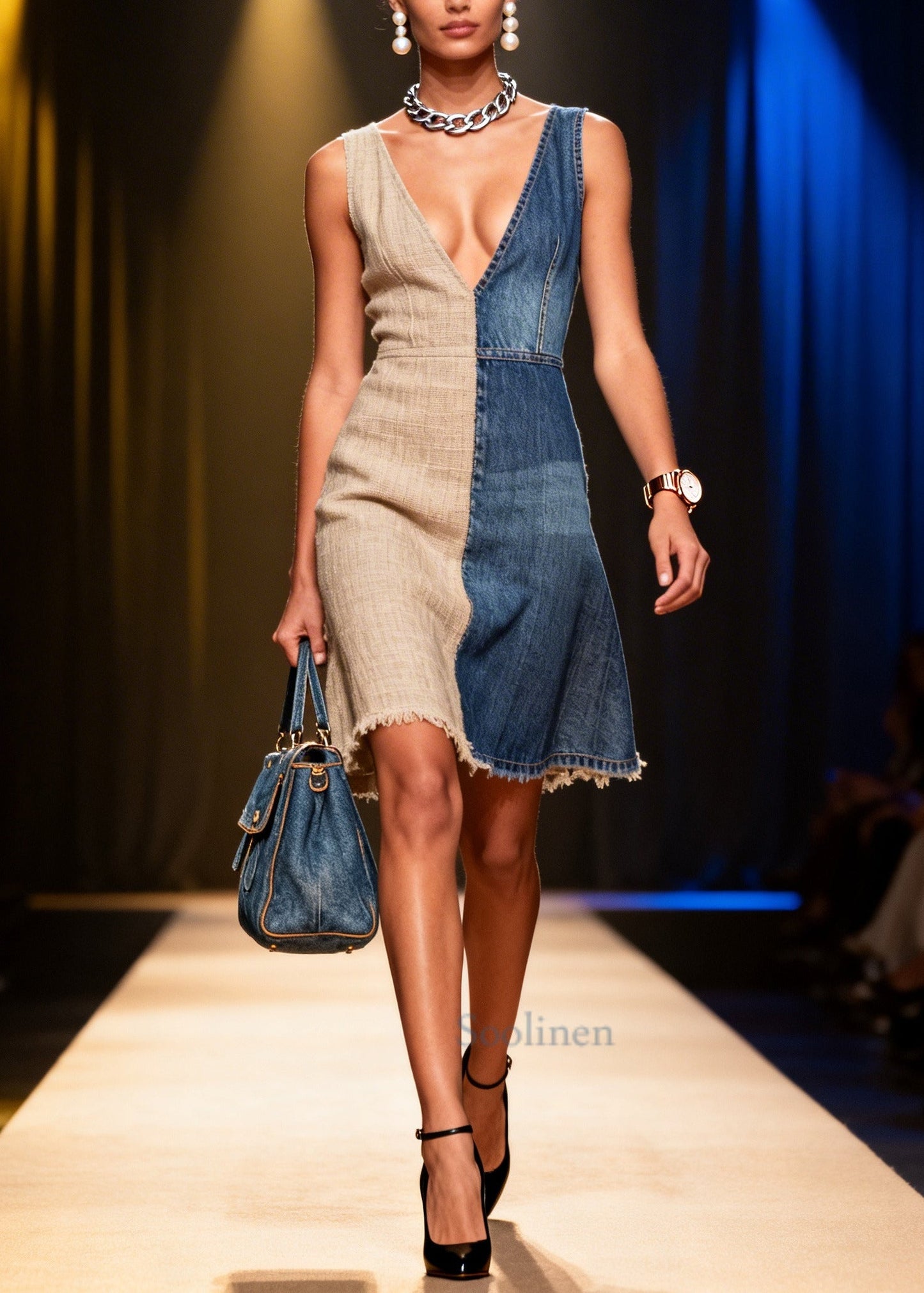 Fine Denim Blue Asymmetrical Patchwork Linen A Line Dress Summer