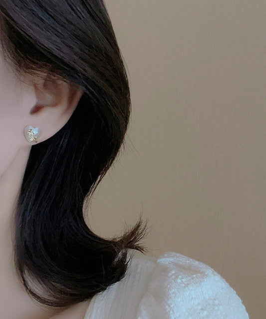 Fine Gold Copper Alloy Love Floral Cat Eye Ston Stud Earrings