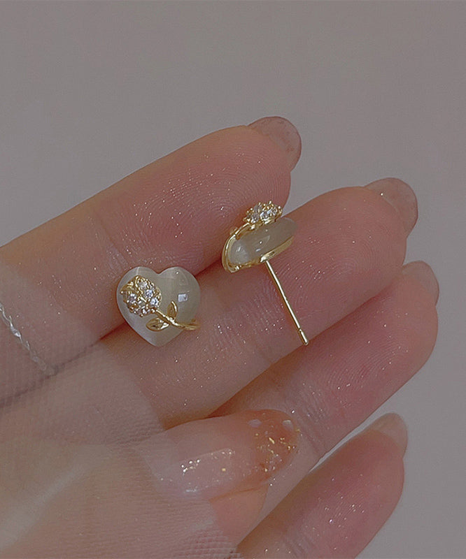Fine Gold Copper Alloy Love Floral Cat Eye Ston Stud Earrings