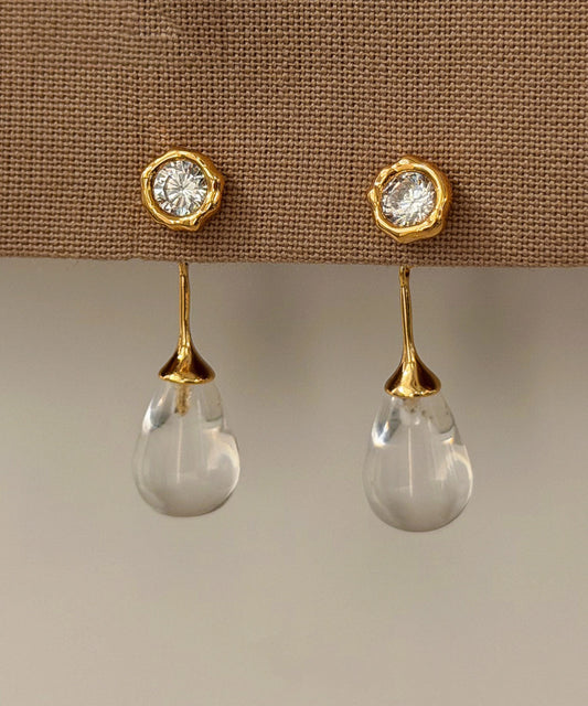 Fine Gold Sterling Silver Overgild Zircon Water Droplet Drop Earrings