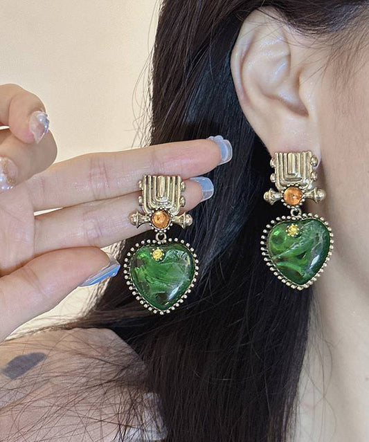 Pendientes colgantes con gemas de aleación verde fina y forma de corazón