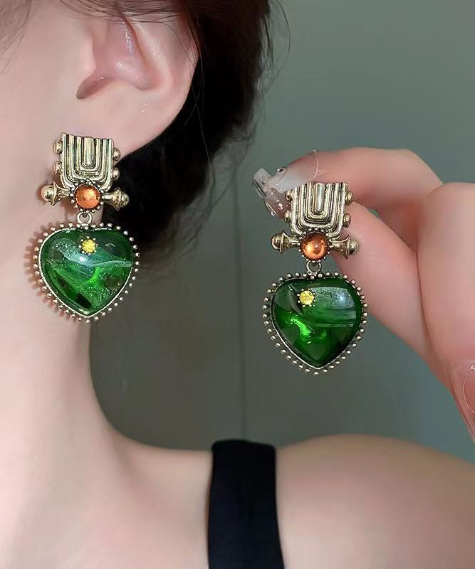 Pendientes colgantes con gemas de aleación verde fina y forma de corazón