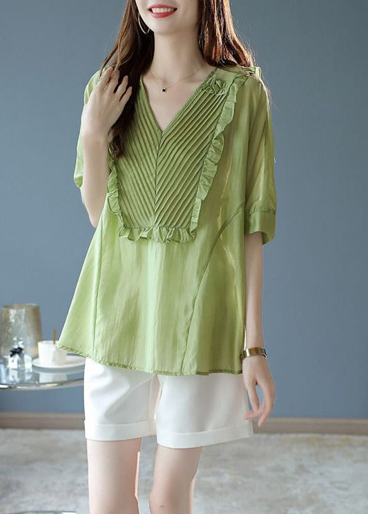 Fine Green V Neck Ruffled Patchwork Cotton Blouses Summer