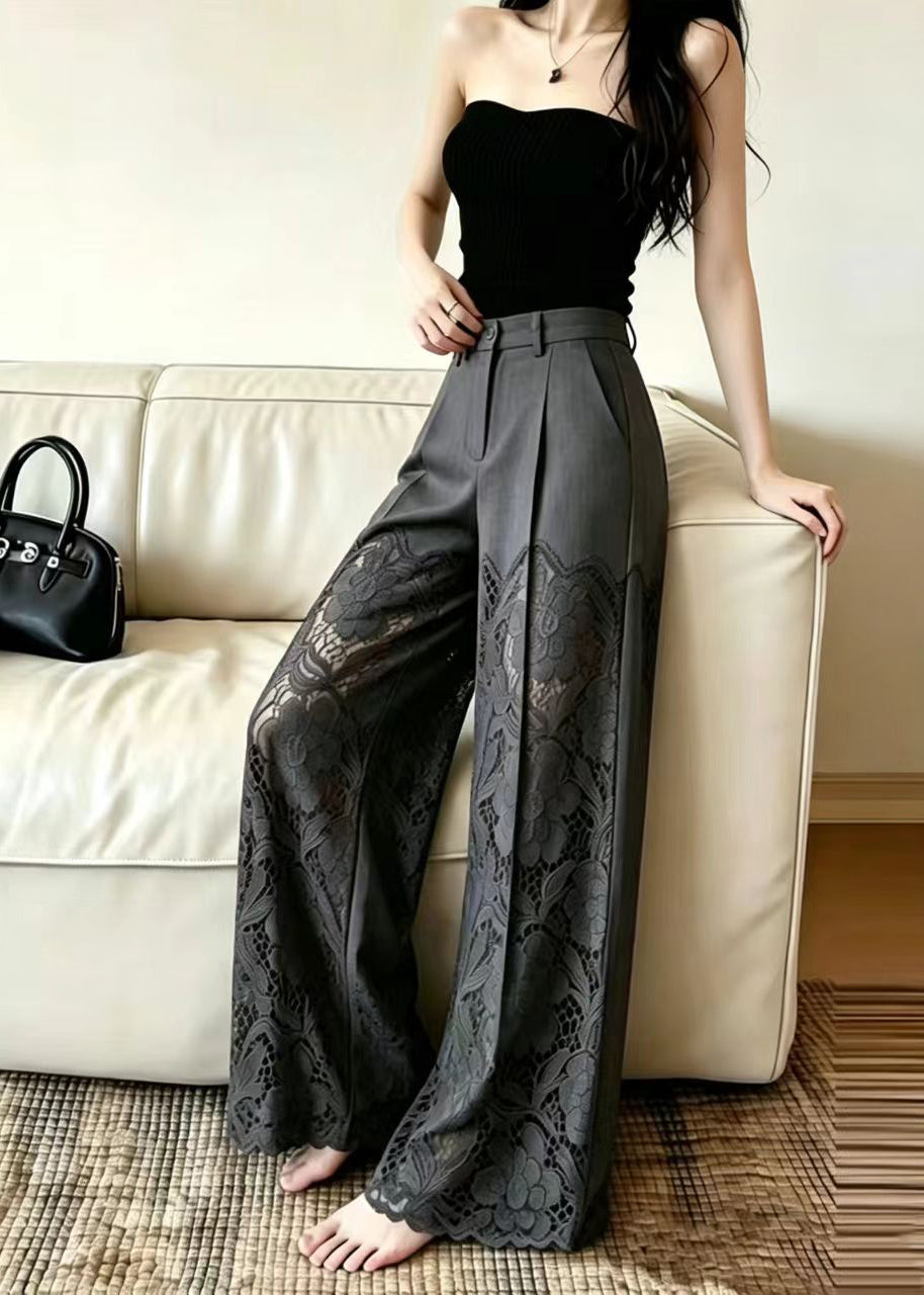 Fine Grey High Waist Patchwork Lace Pants Summer