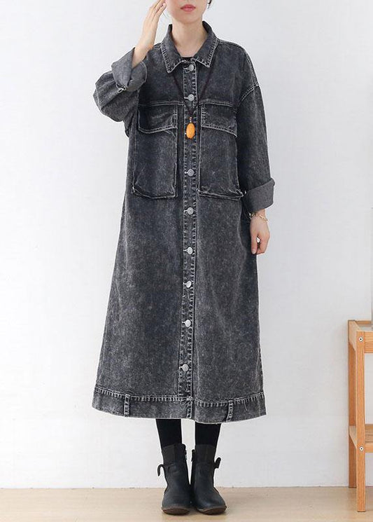 Fine Grey PeterPan Collar Button Fall Pockets Long Sleeve Coat - SooLinen