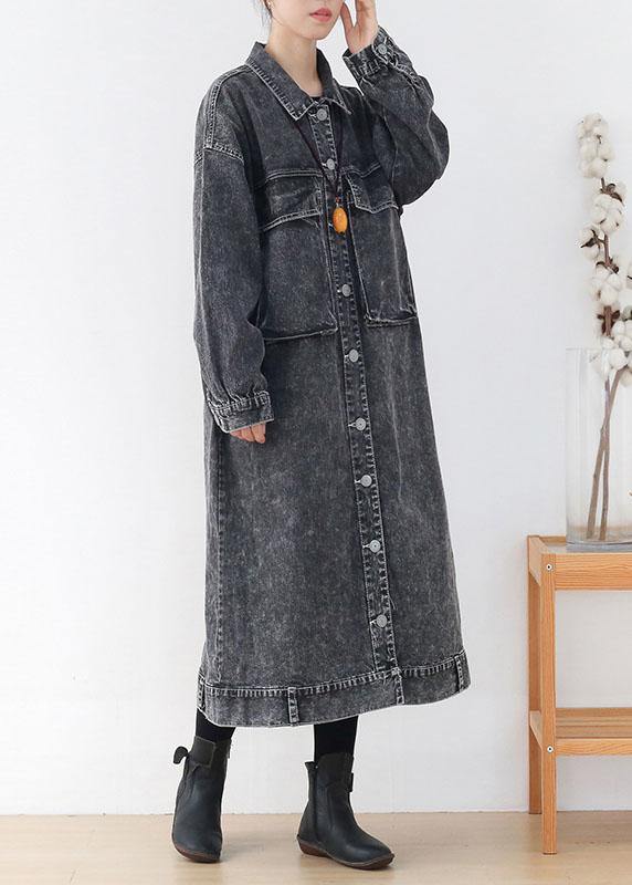 Fine Grey PeterPan Collar Button Fall Pockets Long Sleeve Coat - SooLinen