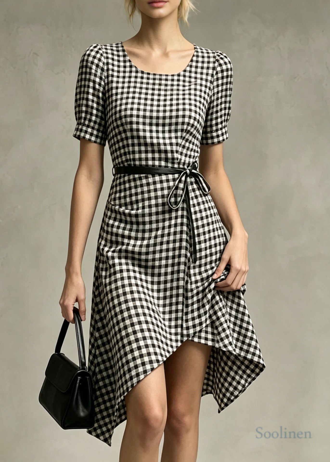 Fine Grey Plaid Tie Waist Cotton Day Dress Summer