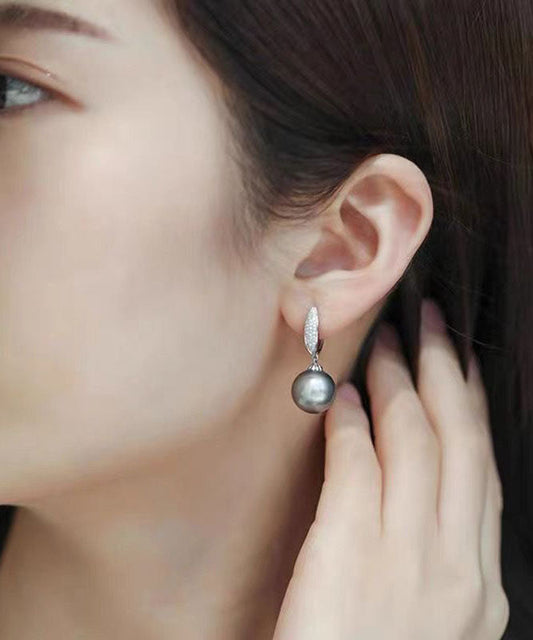 Pendientes colgantes de perla y circonita de plata de ley gris fina
