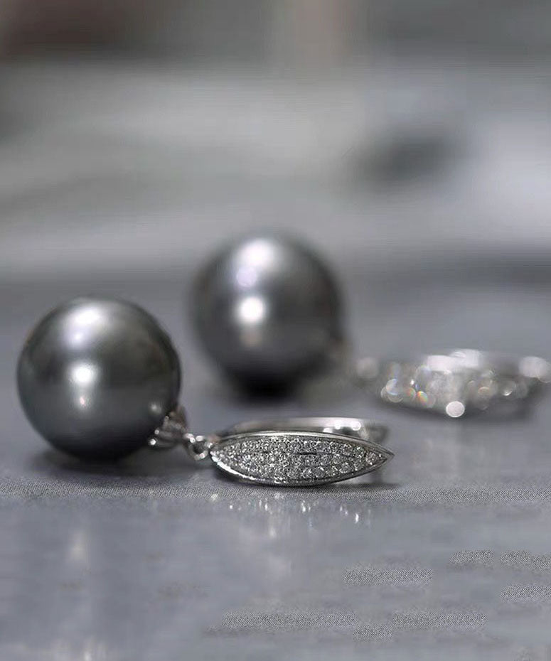 Pendientes colgantes de perla y circonita de plata de ley gris fina