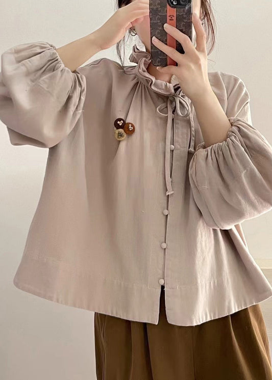 Fine Khaki Ruffled Cotton Blouses Lantern Sleeve
