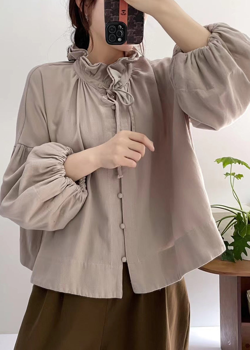 Fine Khaki Ruffled Cotton Blouses Lantern Sleeve