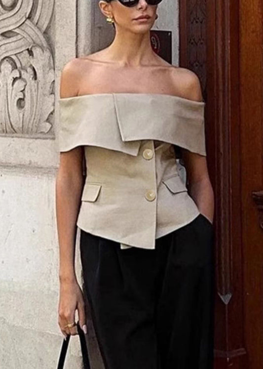 Fine Khaki Slash Neck Button Spandex Tops Summer