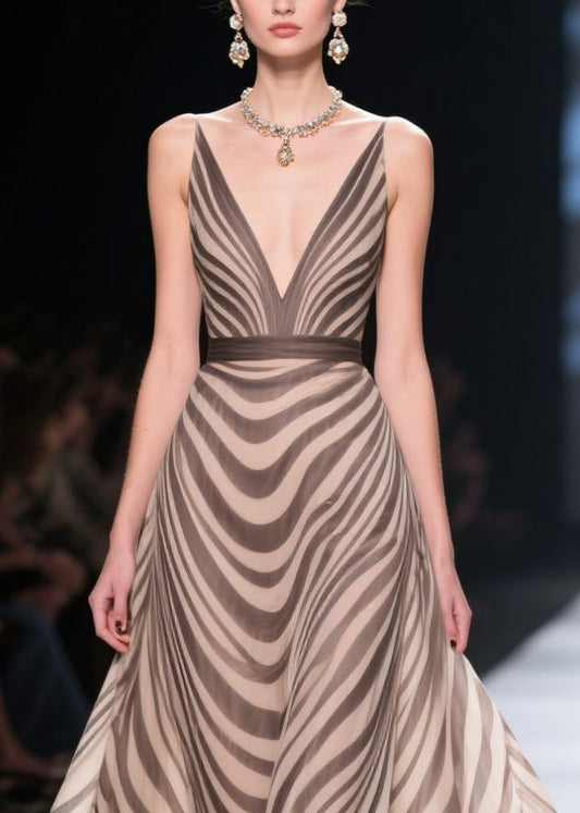 Fine Khaki Striped Exra Large Hem Chiffon Party Dress Summer