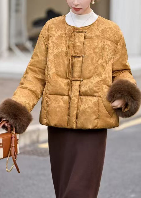 Chaquetas acolchadas de plumón de pato jacquard con borlas de color caqui fino para invierno