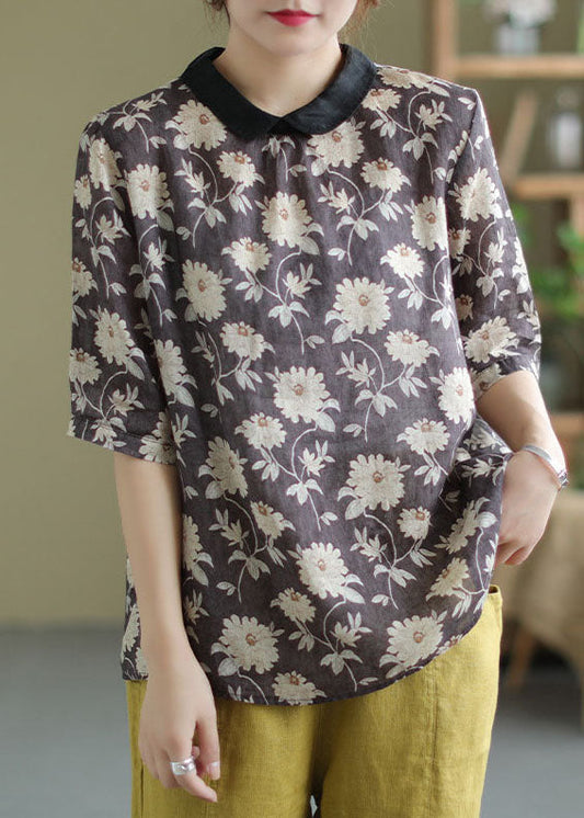 Top de lino con cuello Peter Pan, estampado patchwork, color verde claro, para verano