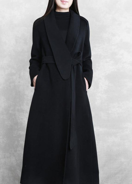 Fine Loose fitting maxi coat woolen outwear black tie waist pockets overcoat - SooLinen