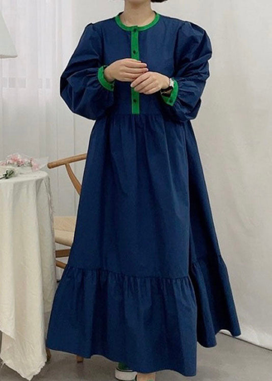 Feines Marineblaues Patchwork-Partykleid aus Baumwolle mit Puffärmeln