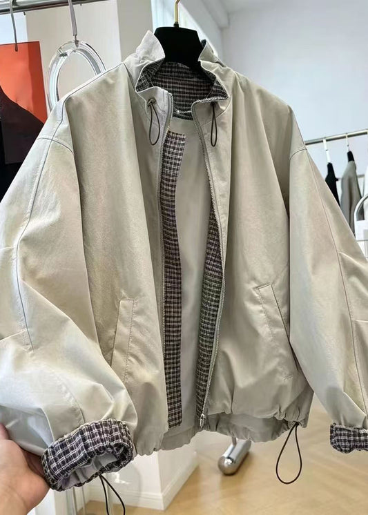 Fine Navy Stand Collar Drawstring Patchwork Plaid Jacket Fall