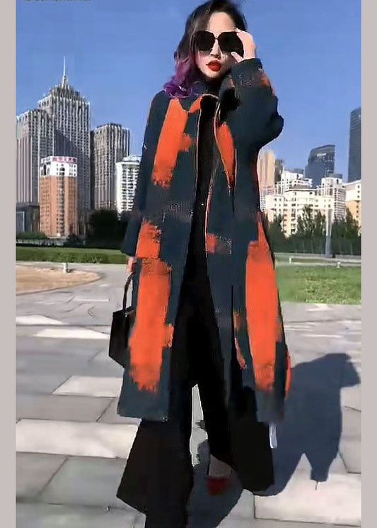 Feiner orangefarbener Print Woll-Winter-Trenchcoat mit lockerem Kreis