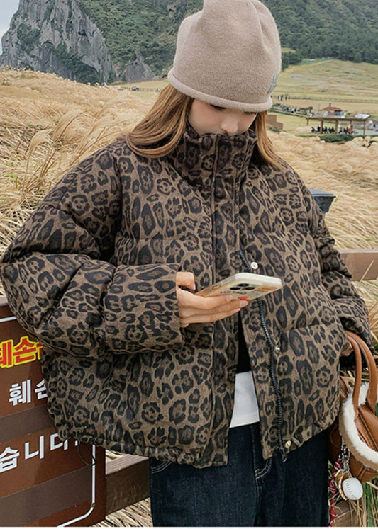 Chaquetas acolchadas de plumón de pato con estampado de leopardo de gran tamaño para invierno