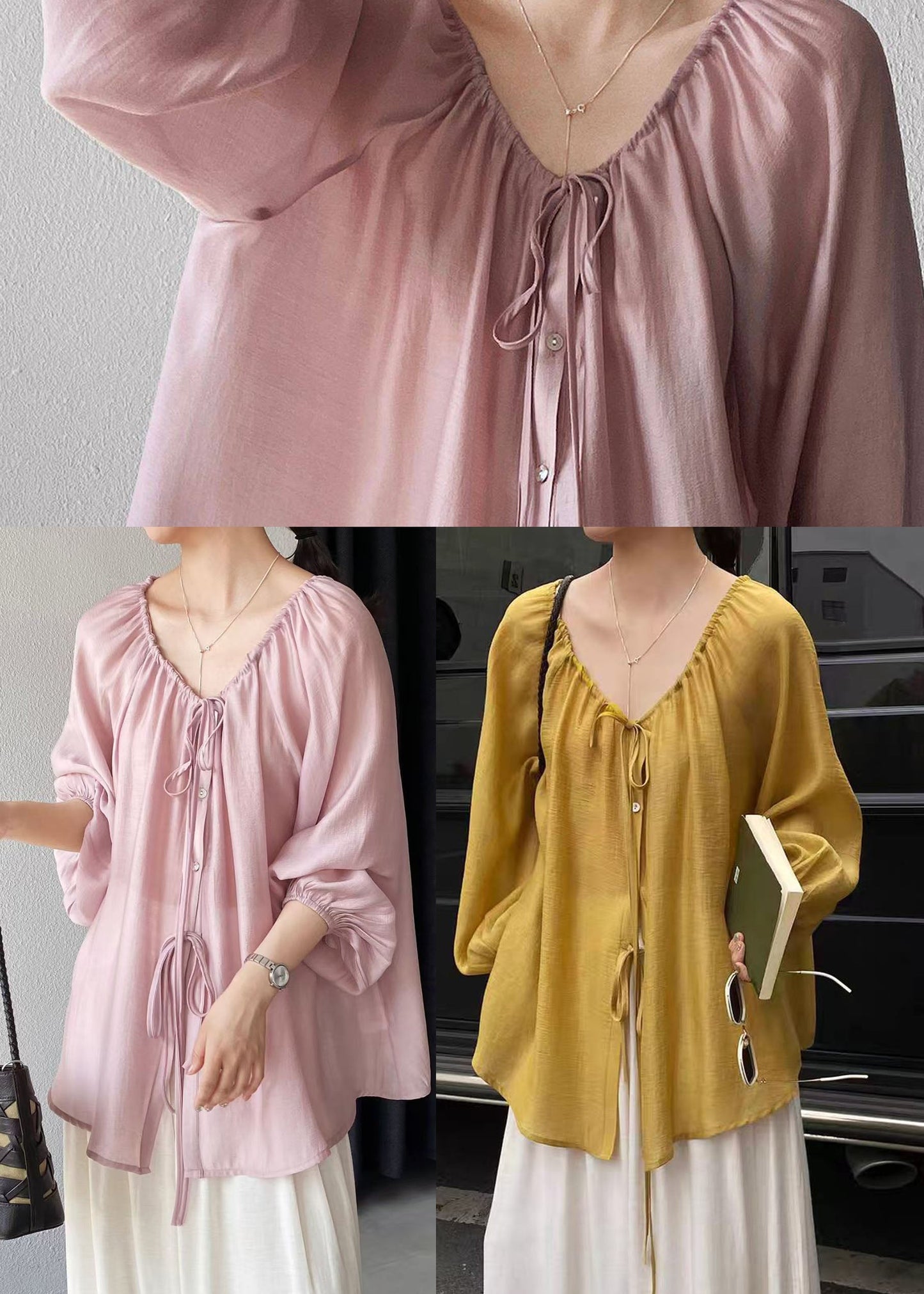 Fine Pink Drawstring Loose Cotton Shirts Top Summer