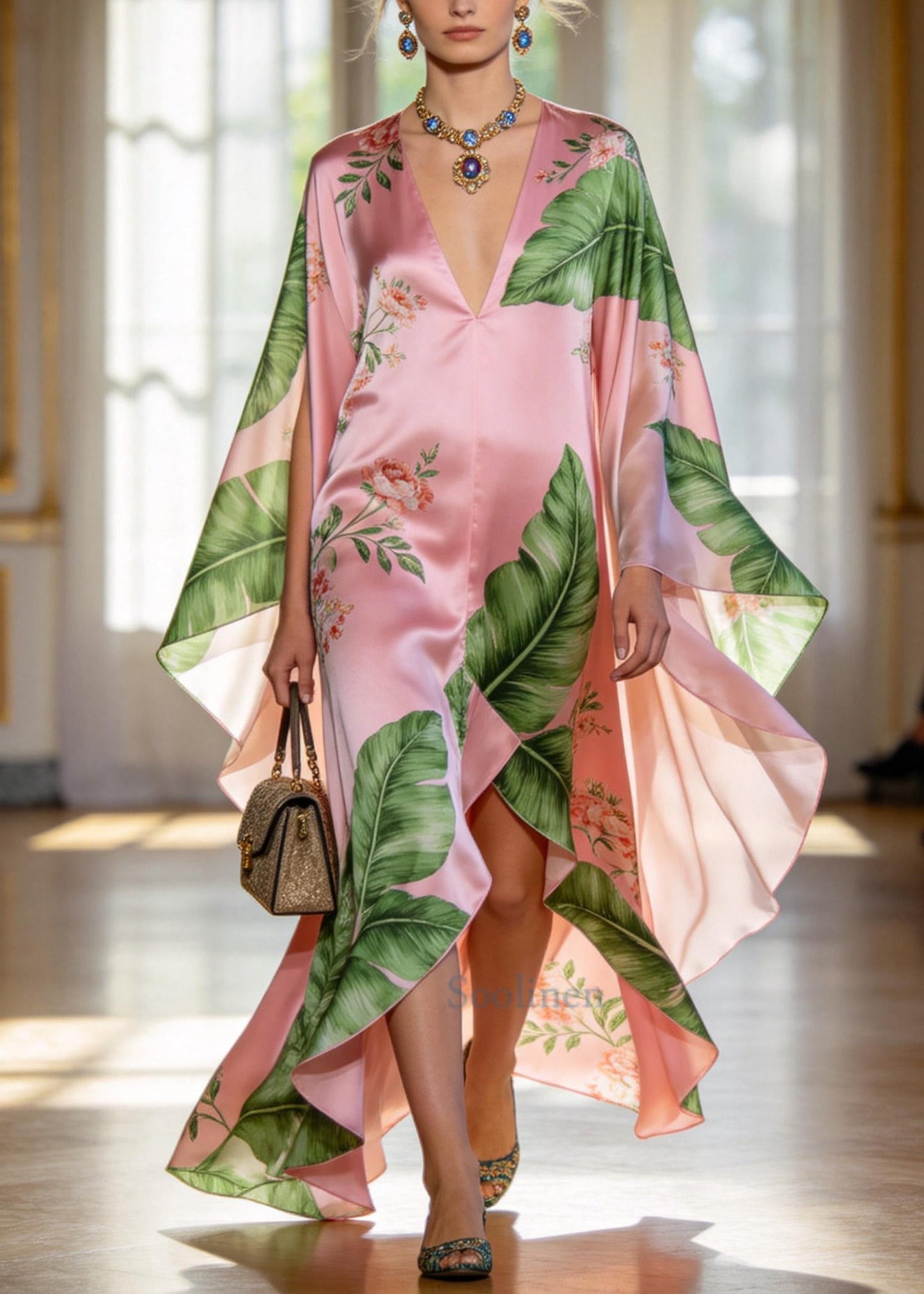 Fine Pink Oversized Print Exra Large Hem Silk Holiday Dress Summer