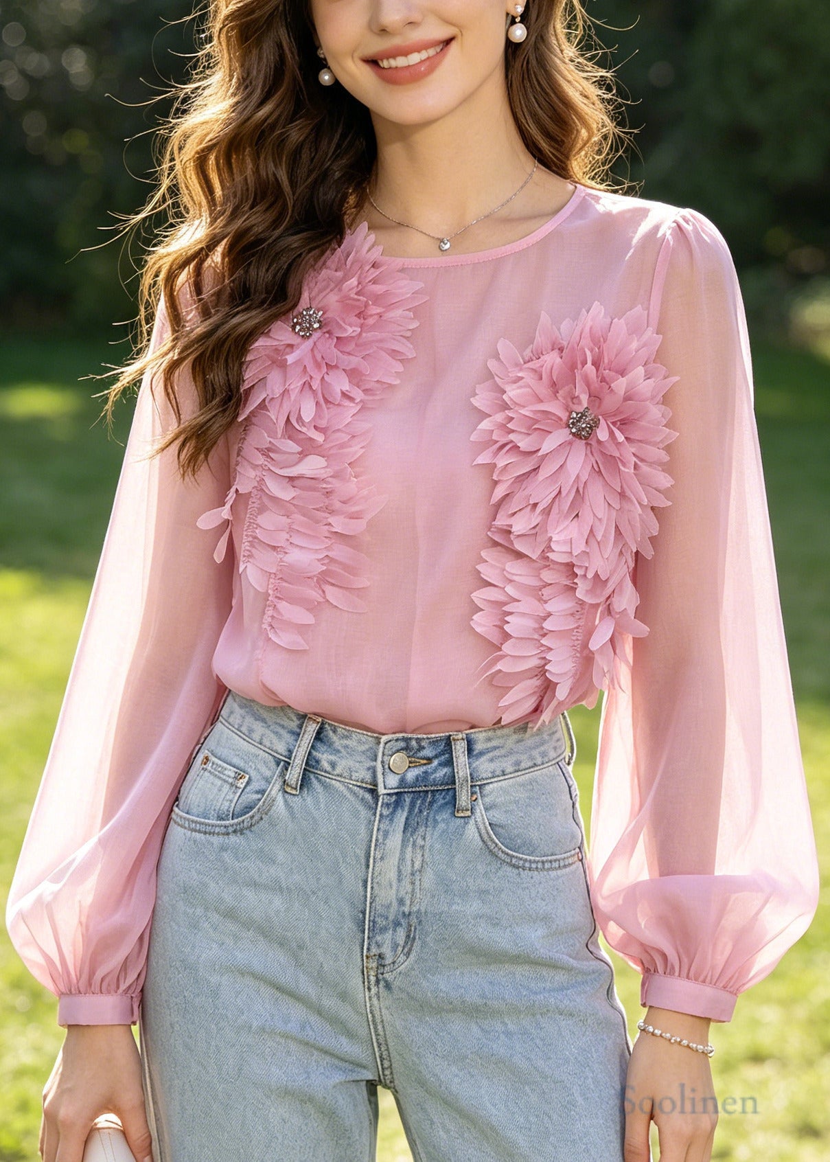 Fine Pink Scallop Trim Cotton UPF 50+ Blouses Summer