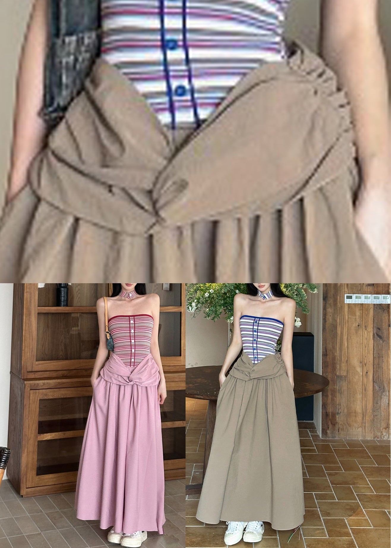 Fine Pink Striped Patchwork Fake Two Pieces Long Dress Summer