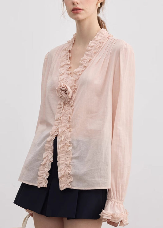 Fine Pink V Neck Ruffled Floral Cotton Shirt Top Fall