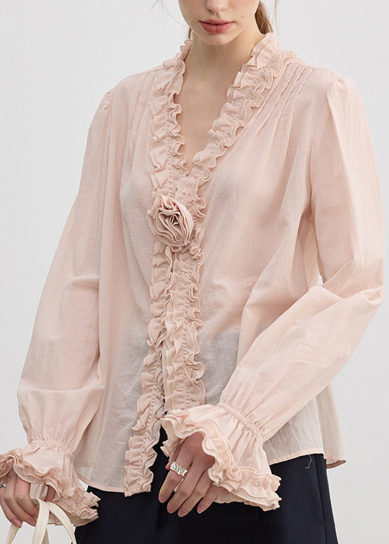 Fine Pink V Neck Ruffled Floral Cotton Shirt Top Fall