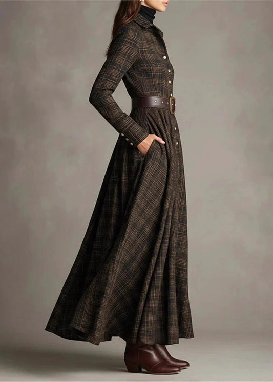 Fine Plaid Peter Pan Collar Button Cotton Dresses Long Sleeve