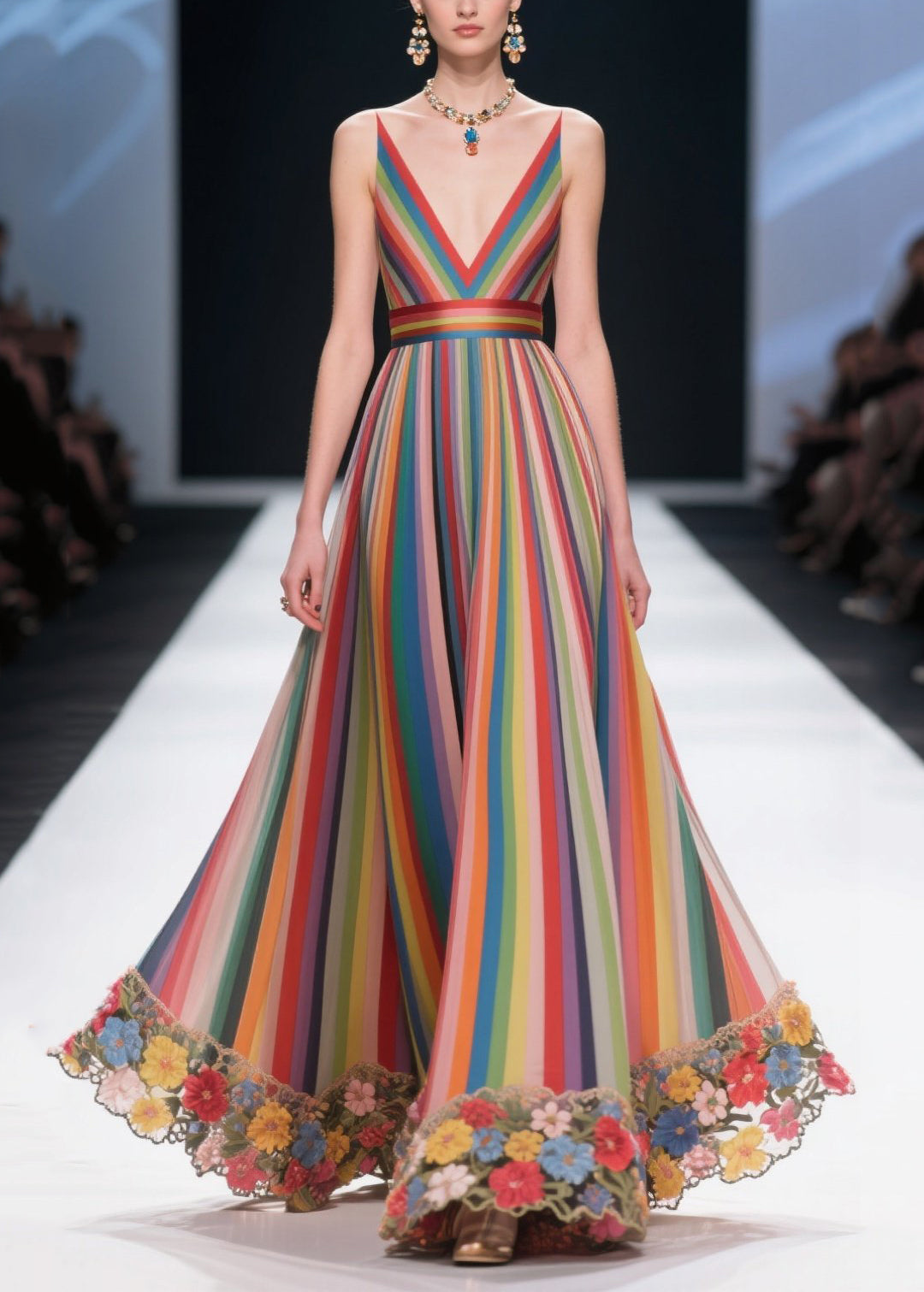 Fine Rainbow Striped Patchwork Multicolor Flower Chiffon Tunic Dress Summer