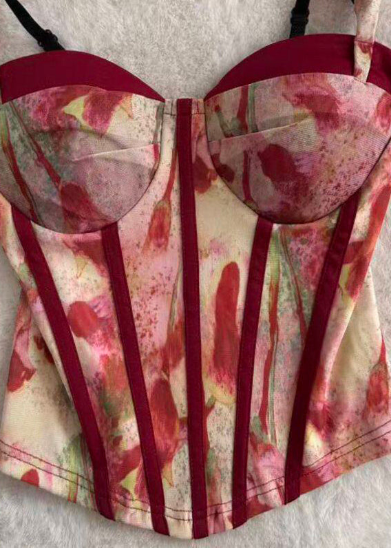 Fine Red Print Tulle Bustier Top Summer