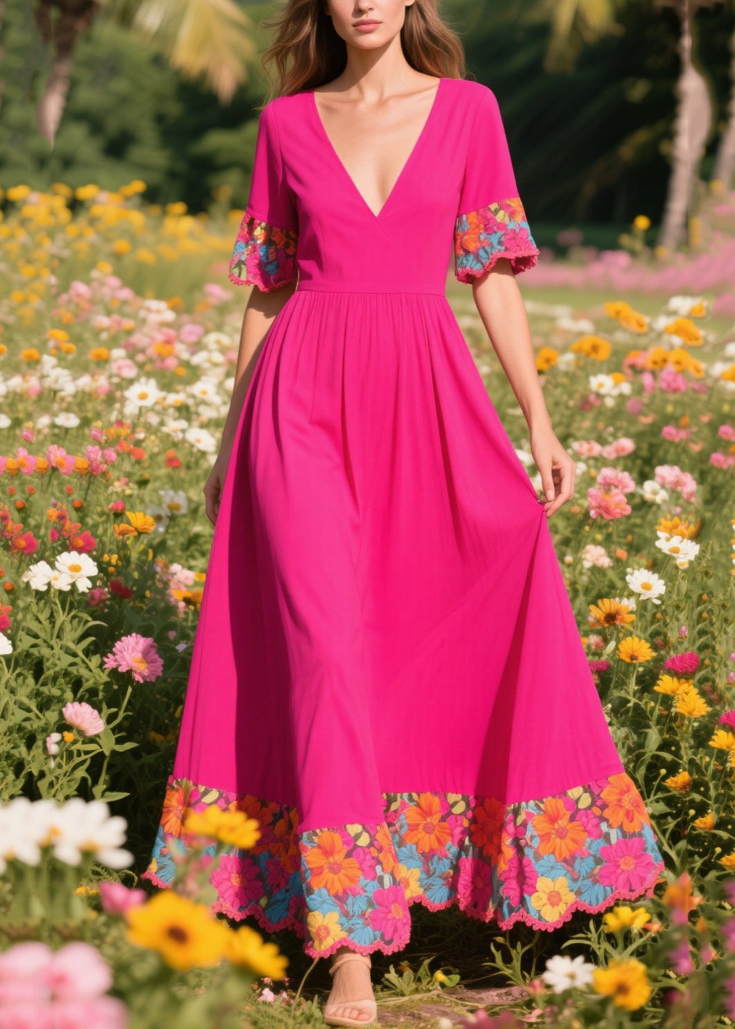 Fine Rose Patchwork Exra Large Hem Cotton Vacation Dresses Summer