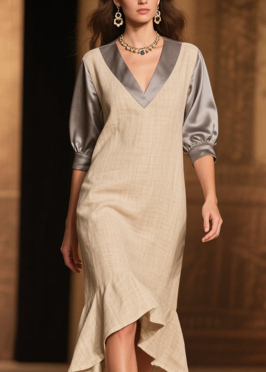 Fine Ruffled Asymmetrical Design Patchwork Linen Silk Dress Summer