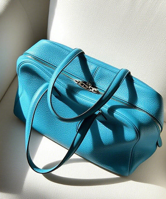 Fine Sea Blue Zippered Large Capacity Leather Tote Handbag
