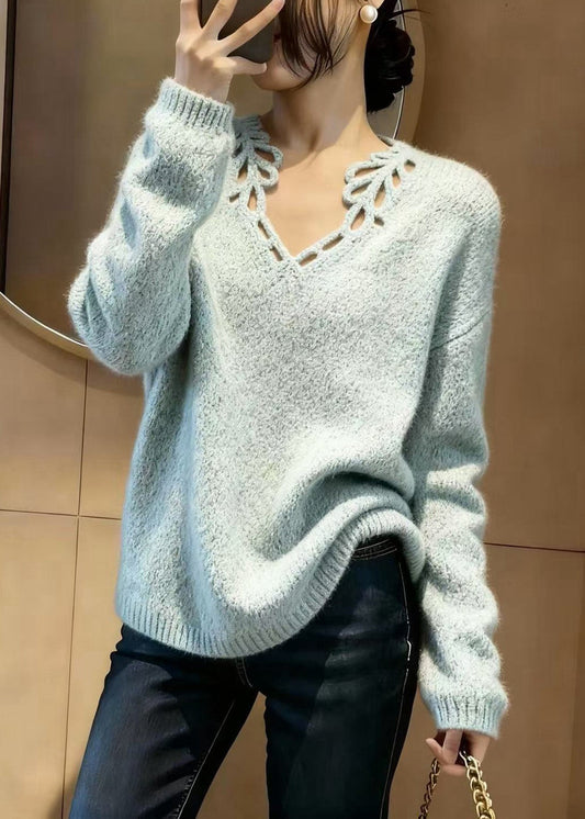 Fine Sky Blue V Neck Hollow Out Knit Pullover Winter