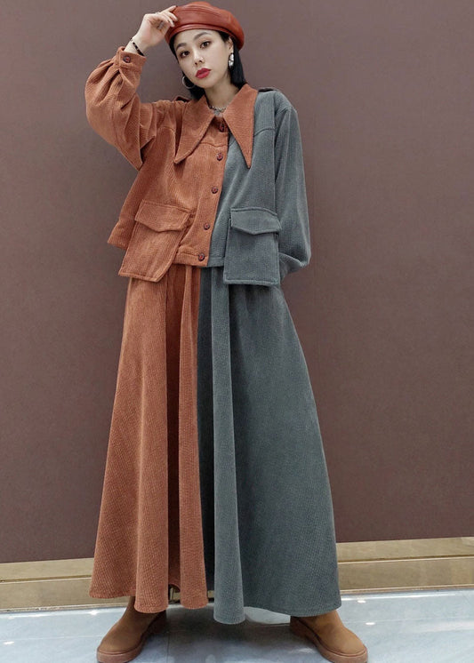 Feiner V-Ausschnitt Patchwork Cord Langarm Tops Tellerröcke Zweiteiliges Set Outfits