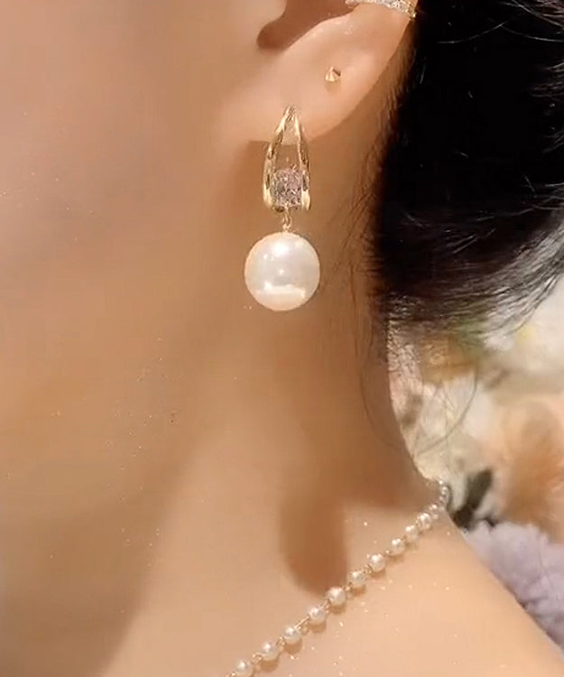 Pendientes colgantes de perlas y circonitas de aleación de plata fina blanca