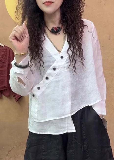 Feine weiße Leinenbluse mit asymmetrischem V-Ausschnitt, Frühlingskollektion