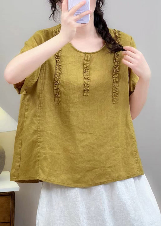 Fine Yellow Ruffled Cotton Blouse Top Summer