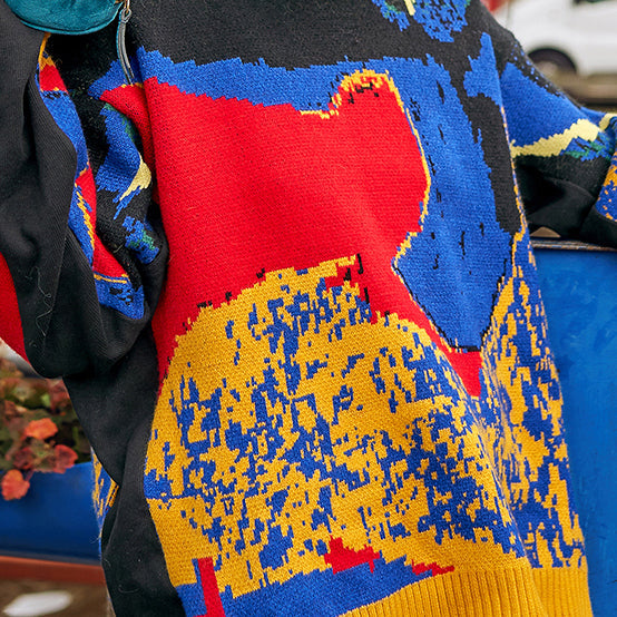 Feine schwarze Pullover mit abstraktem Muster, Herbstmode, O-Ausschnitt, gestrickte Oberteile, feine Herbstpullover