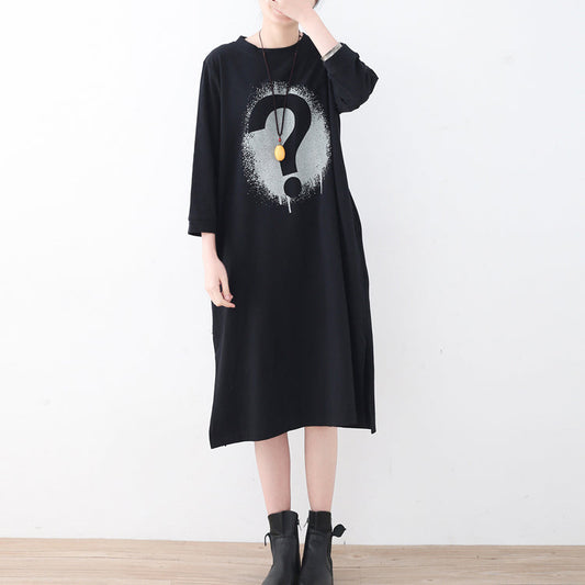 Feine schwarze Alphabet-Baumwollkaftane, trendiges, seitlich offenes Kleid in Übergröße, neue kurze Kaftane