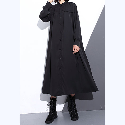 Feines schwarzes langes Kleid aus Seiden-Baumwollmischung, übergroßer Stehkragen, Reisekleid, Vintage-Taschen, Cinched-Kleider